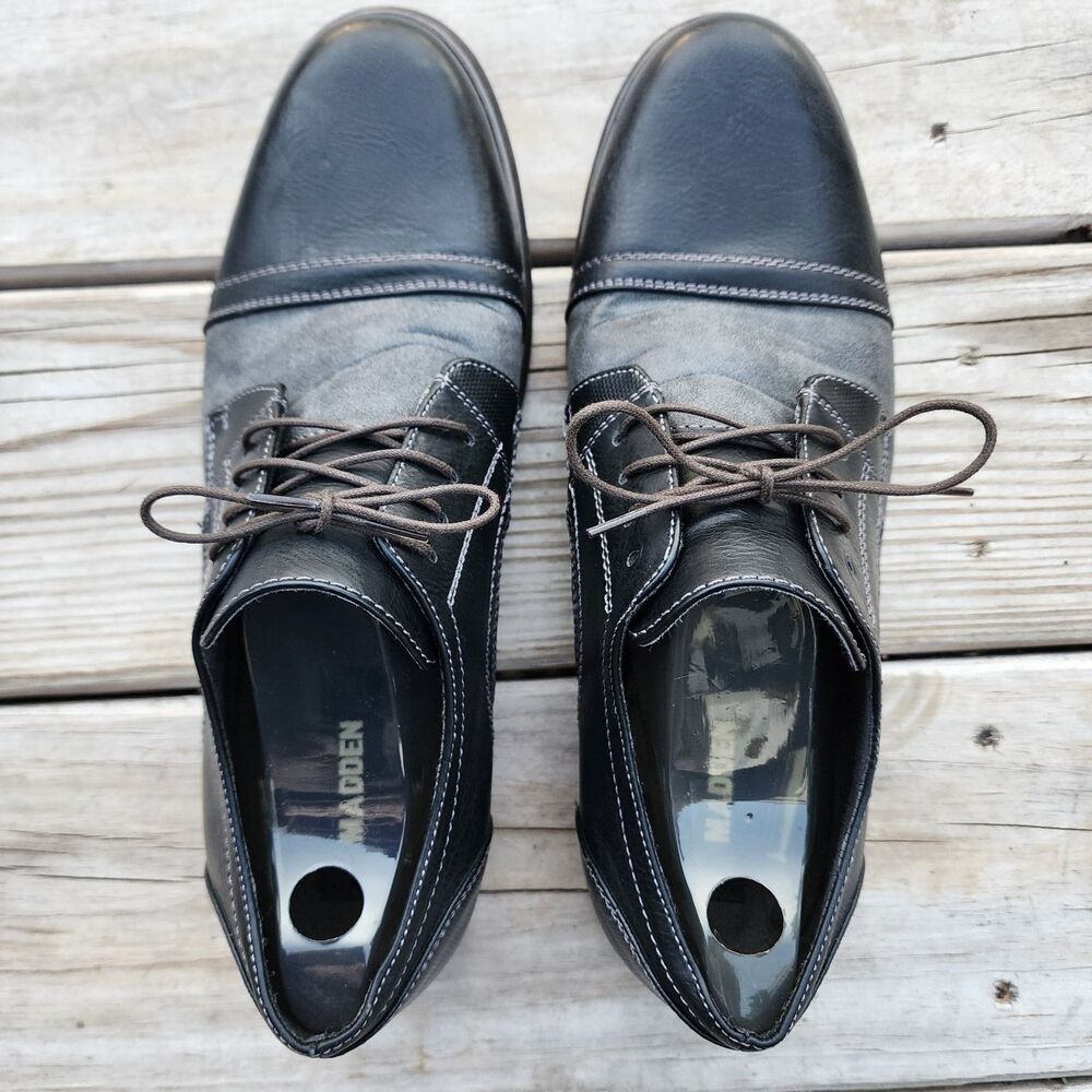 Steve Madden P Camrin Black Grey Mens Size 10M Black Leather/Canvas Cap Toe Shoe